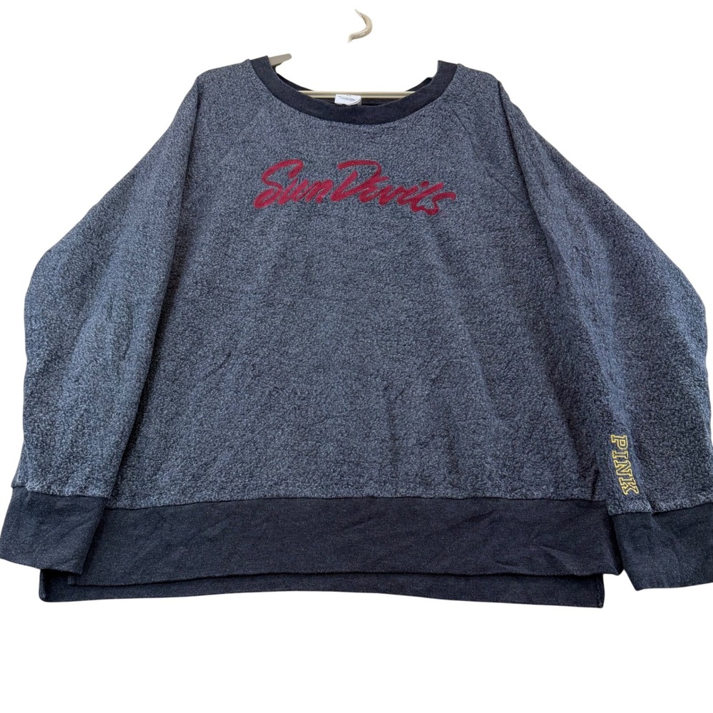 PINK Sweatshirt Women M Grey Sun Devils ASU Pullover Raglan Fleece Graphic Logo